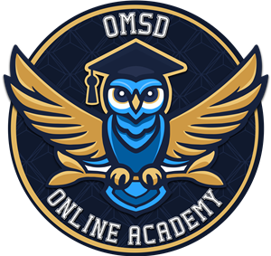 Logo - OMSD Online Academy spelled out in circle top/bottom. Giant owl mascot in middle in gold and hues of blue wings spread